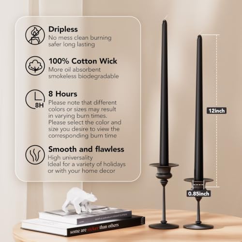 New Burning Formula Unscented Dripless 12-Inch Taper Candles Set of 12 - Black, for Wedding, Dinner - Smokeless, Long Burning - Hand Poured, Colored Tall Candlesticks - Negro - Image 2