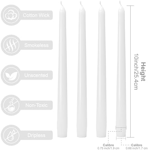 10-Inch White Taper Candles - Dripless Candlesticks Smokeless Tapered Candle Tall Unscented Long Tapered Candle Paraffin Wax with Cotton Wicks for Dinner Wedding Parties Slow Burn of 12 Pack - Image 3