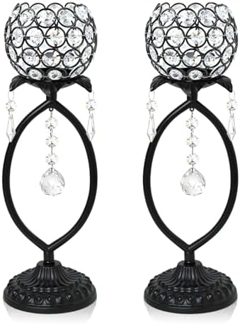 2 Pcs Elegant Metal Crystal Tea Light Candle Holders with Crystal Pendants, Hollow Design - Wedding Table Centerpieces for Anniversary Birthday Party, Home Decor (2, Black) by kehail