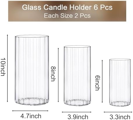 PHOSPHOR 6 PCS Ribbed Glass Candle Holder, Cylinder Candle Holders for Pillar Candles, Clear Glass Hurricane Candle Holders 6'', 8'', 10'' Glass Cylinder Centerpieces Vases - Image 2