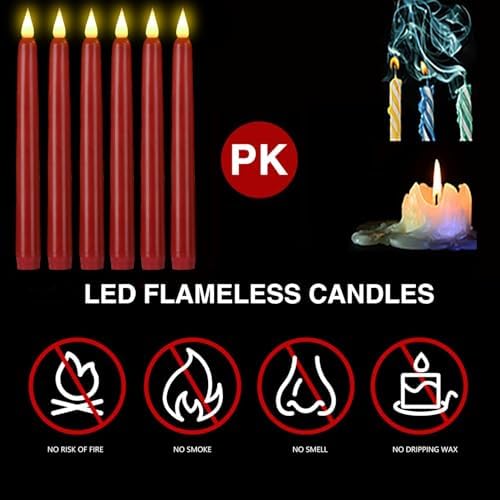 Flameless Taper Candles with Remote Control and Timer, Battery Operated LED Candlesticks with Flickering 3D Flame, 9.6×0.8 Inches Plastic Tall Candles for Christmas, Wedding and Home Decor (Red, 6) - Image 7