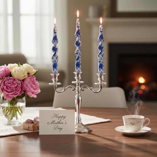 Chinoiserie Candlesticks Spiral Taper Candles - Gedengni 2pcs Blue and White Twisted Candlesticks 10 Inches Long Candle Sticks Floral Tapered Candles for Household Dinner Wedding Party (1D2T-BLUWHT) - Image 5