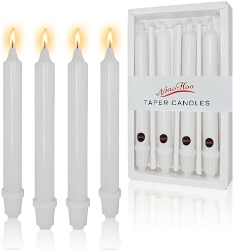 NJAO HOO White Candlesticks 8 Inch Unscented Taper Candle Dripless Handmade Colored Candles for Home Decor Dinner Table Kitchen and Bedroom, 4 Pack by NJAOHOO