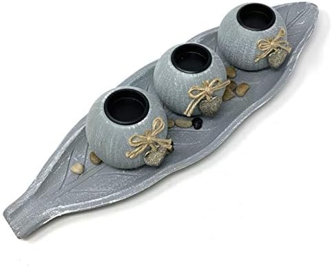 allgala HD90403 Wooden Candle Holder Tray 3 Ball Orbs Set Tealight Centerpiece with Pebbles on Leaf Tray for Coffee Table Dining Table Accents Bowl for Living Room Décor (Green) by Allgala
