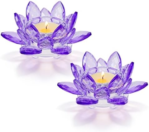 2 Pcs Purple Crystal Lotus Flower Tealight Candle Holder | Glass Votive Candlestick Decor for Home, Wedding, Party & Christmas Table Centerpieces by KOLNLALA