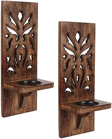 Burnt Wood Wall Sconces (Set of 2) - Wall Mounted Pillar Candle Holders, Wooden Candle Sconces for Christmas Decoration, Rustic Walls Décor for Living Room & Bedroom - 16 Inch by Lightnpro