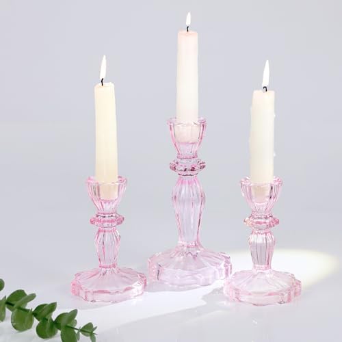 Glass Candlestick Holders Set of 3, Pink Stripe Taper Candle Holders for Table Centerpiece, Home Decorations, Wedding and Party by CHOCSTAY