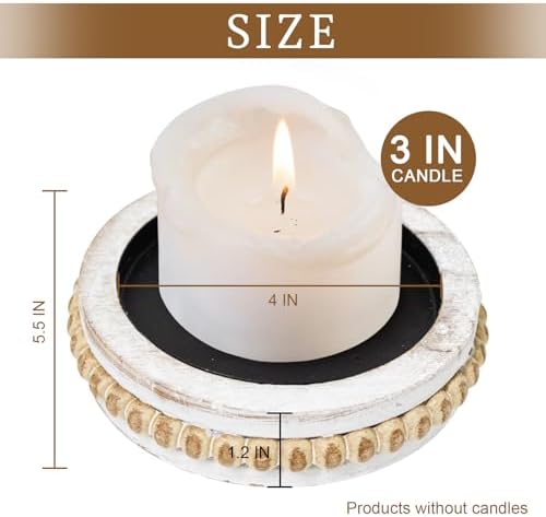 Candle Pedestal for Pillar Candle Set of 2, Rustic Round Beaded Risers Wood Tray, Farmhouse Wood Beaded Trayfor Tiered Tray, Candle, Mug Display Decorative, Table Centerpiece, Antique White - Image 2