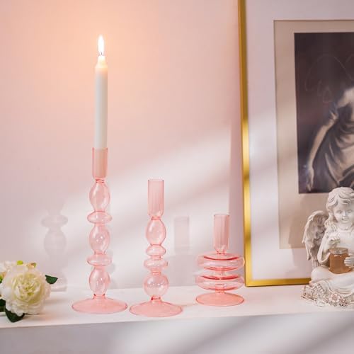 Glasseam Pink Tapered Candlestick Holders 3Pcs Glass Taper for Table Decor by Glasseam