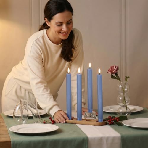 Dusty Blue Ribbed Flameless Taper Candles with Remote Set of 4 - Image 5