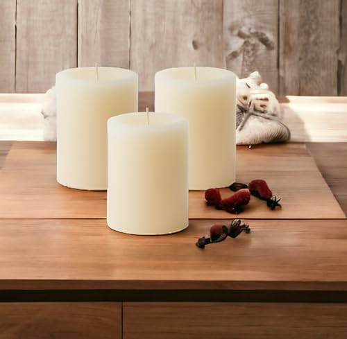 Mister Candle Dripless Unscented Ivory Pillar Candles, Set of 3 Hand Poured Solid Color Non-Scented Candles for Home Decor, Premium Wax, 60 Hr Burn Time - 3x4 Inch, Ivory - Image 4