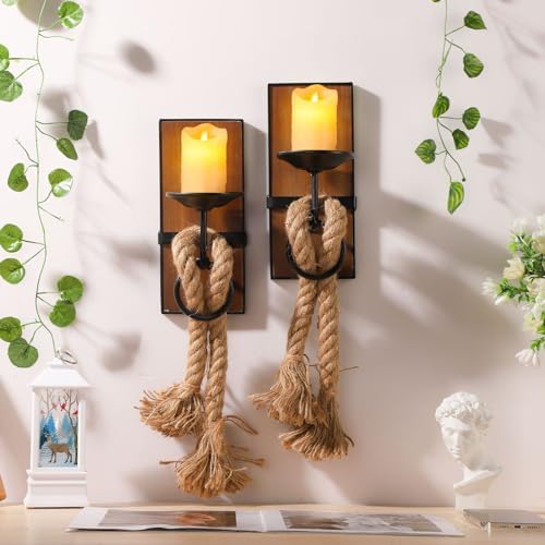 Wall Sconce Candle Holder Black Wall-Mount Metal and Wooden Candle Holders Hanging Iron Wall Candle Sconce Holder with Hemp Rope Decoration, for Home, Living Room, Bathroom, Dining Room, Set of 2 - Image 7