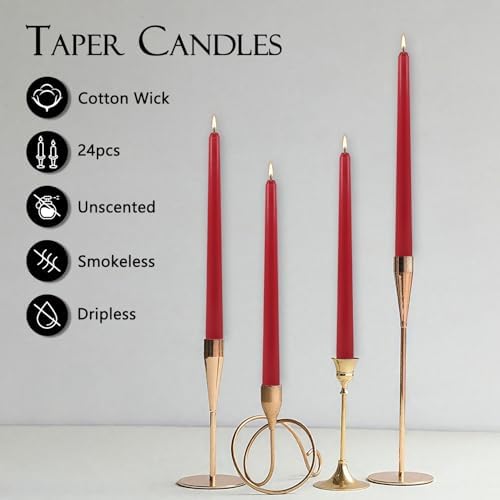 24Pack Red Taper Candles-10 Inch Dripless, Unscented Dinner Candle- Smokeless and Dripless, Long Burning time, Paraffin Wax with Cotton Wicks for Home Décor,Christmas, Wedding, Party,Candlesticks - Image 2