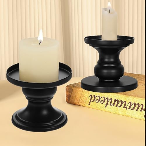 Matte Black Iron Pillar Candle Holders - Set of 2 Candlestick Holders, Metal Candle Holder for Pillar & Taper, Table Mantle Fireplace Farmhouse Home Decor by Cagzzee