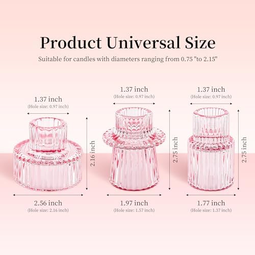 Taper Votive Candle Holder for Pillar Candles Tealight, Candlestick Holder for Wedding Christmas Tea Party, Boho Ribbed Vintage Crystal Glass Table Centerpiece Decor, Bulk Set of 6 (Pink) - Image 6