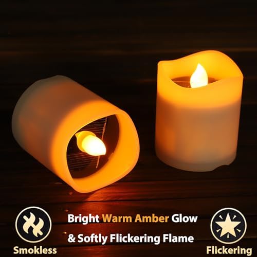 Solar Candles Outdoor Waterproof, 4pcs Rechargeable Dusk to Dawn Little Votive Candles, Flameless Flickering Solar Tea Lights for Patio Yard Deck Pathway Window Outdoor Lantern Decor(Warm Amber) - Image 5