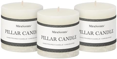 3x3 Inch White Pillar Candles - Set of 3, Hand-Poured Unscented, Long Burning, Smokeless Dripless for Dinner Table, Wedding, Home, Bathroom, Rustic Decor by MiraScents