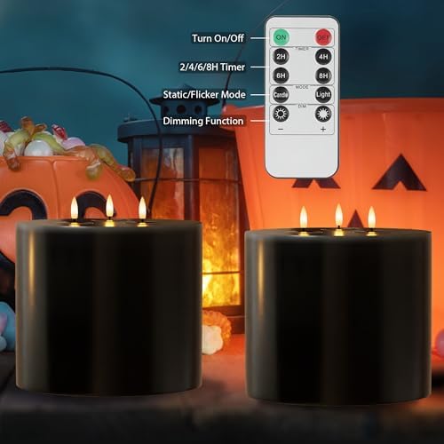 Extra Large Black Flameless Candles with 3 Wicks, 6"x6" Real Wax Halloween Candles with Remote, Battery Operated Candle Flickering LED Candles Fake Candle for Halloween, Home, Party - Image 3