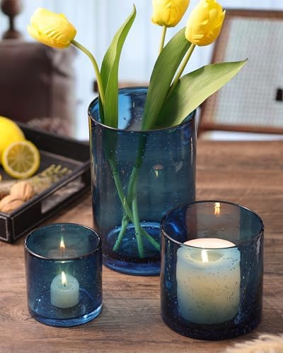 Hurricane Candle Holder Set of 3 Blue Candle Holders for Pillar Candles, Seeded Bubbles Glass Candle Holder, Blue Glass Cylinder Vases for Table Centerpieces, Home, Patio and Wedding 8" 4.7" 3.5" - Image 4
