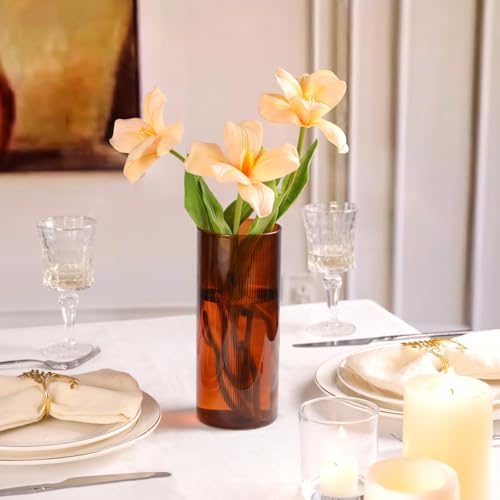 Amber Cylinder Vases, 8 Inch Tall, Amber Ribbed - Image 3