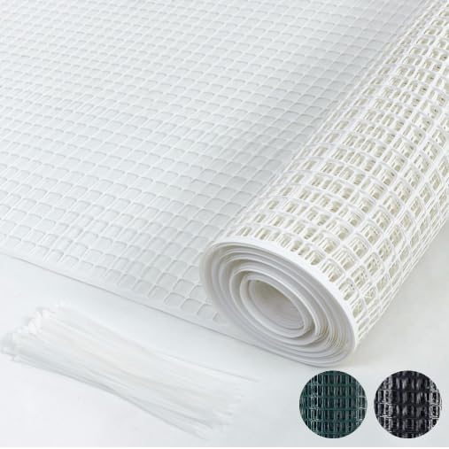 PotatoLife Plastic Hardware Mesh Netting, Garden Netting, Temporary Fence, Tree Guards, Safety Net for Balcony, Deck, Stair Railing, Animal Barrier, Poultry, Deer, with 50 Zip Ties, 40'' x 25', White