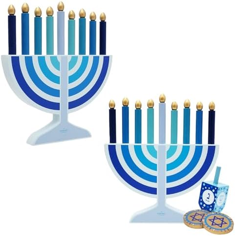 Mini Blue Hanukkah Menorah, 4-Pack 5" Inch Children Wooden Chanukah Menorah Set with Removable Wooden Candles, 3" Inch Dreidel, and Gelt Coins by TheDreidelCompany