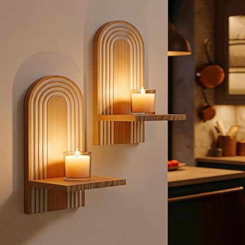 Candle Sconces Set of 2: Boho Wall Candle Holder with 3D Rainbow Arch, Natural Wood Wall Sconces Set of Two, Handmade Wooden Art Decor for Living Room, Dining Room, Bathroom, Bedroom, 13.8"x6.3" - Image 5