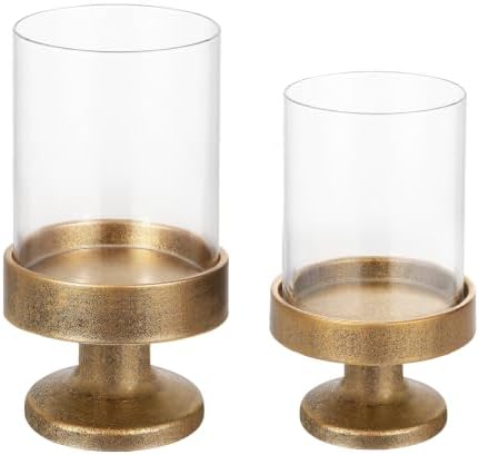 Set of 2 Glass Hurricane Candle Holders for Pillars with Metal Base in Antique Gold, Glass Candle Holder, Centerpiece, for Weddings, Dinner Parties, Dining Tables, Console Tables, Mantels by Unknown