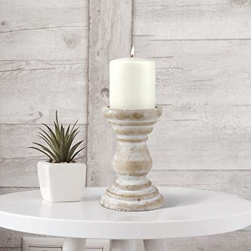 Stonebriar Antique White Wooden Pillar Candle Holder, Vintage Seaside Pillar Stand for Dining Table Centerpiece, Coffee Table, Mantel, Or Any Table Top, Medium - Image 5