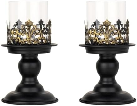 2 PCS Hurricane Candle Holder with Glass Sleeve, Gothic Metal Vintage Candle Holders, Large Table Centerpieces Candle Stand for Weddings and Events, Black, L+L by LumiLoom