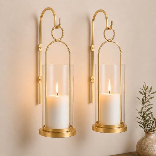Gold Wall Candle Sconces Set of 2, Wall Candle Holder with Hurricane Glass by SUYUZUR