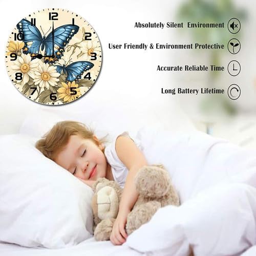 Butterflies Wildflower Wooden Silent Non-Ticking 10 Inch Round Clocks Battery Operated Analog for Living Room Kitchen Bedroom Bathroom Office Home School Decor