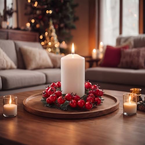 Daifunli 2 Pcs Christmas Red Berry with Leaf Candle Ring Artificial Berry Bell Wreaths for Pillar 2.25 Inch Candles Holder for Winter Christmas Country Wedding Kitchen Table Centerpiece Decor - Image 3