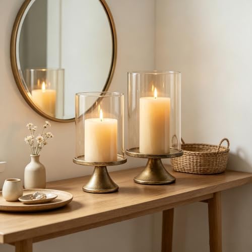 Hurricane Glass Candle Holders Set of 2, with Glass Dome and Iron Base, Vintage Decorative Pillar Candle Holder for Mantel, Living Room, Dining Room Centerpiece, Home Decor - Image 6