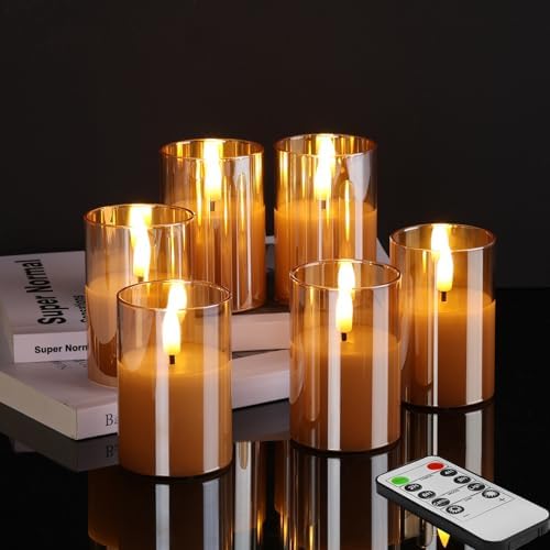 Gold Glass Flameless Votive Candles with Remote Timer, Real Wax Flickering Small LED Pillar Candles Set of 6 by Girimax