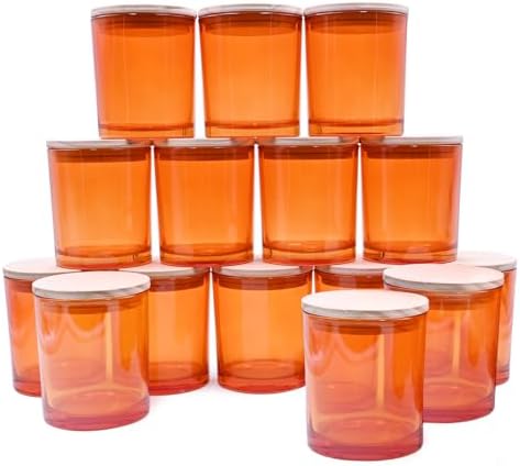 SHOWIN 10 OZ Thick Candle Jars for Making Candles 15 Pcs, Empty Jars with Wood Lids for Candle Making, Sample Container, Clear Orange by Showin