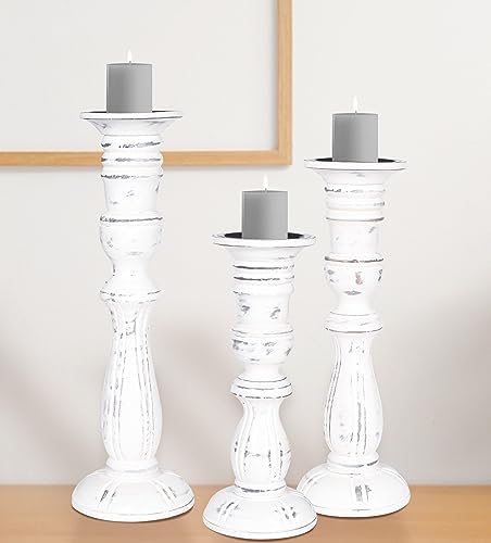 Wooden Candle Holder Set of 3, Tall White Antique Pillar Candle Holders, Rustic Farmhouse Decor, Brown Wooden Candle Stands for Home Decoration - 16, 14, 12 Inch Height - Image 3