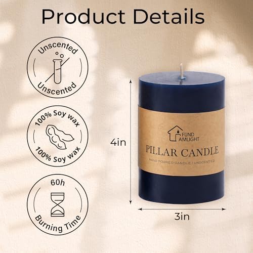 3x4 Inch Navy Blue Pillar Candles Set of 3 - Unscented Pillar Candles - Image 6