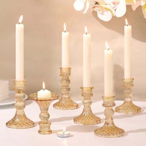 DARJEN Gold Glass Candlestick Holders Set of 6, 4" H & 5" H Taper Candle Holders for Candlesticks & Pillar Candles, Diamond Candle Holders for Wedding Party Table Centerpiece, Home Decor by DARJEN