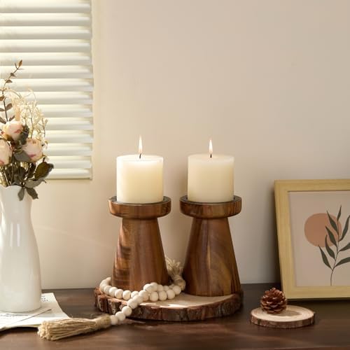 Rustic Acacia Wood Pillar Candle Holder - Image 4