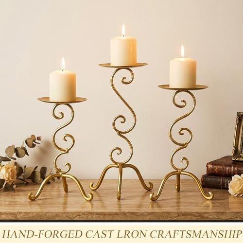 3 Pcs Gold Iron Candlestick Holders 11.8,9.8,6.3 Inch, Antique - Image 6