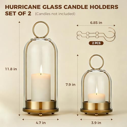 5"&4" Hurricane Glass Candle Holders, Hanging Brass Metal Candle Holder - Image 2
