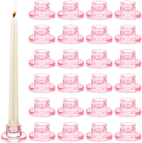 24 PCS Glass Taper Candle Holders Bulk Pink Candlestick Holders Clear Short Tapered Candle Stick Holder Decor Set for Table Centerpiece Wedding Party Advent Christmas Home Decorations by Mkhaslri