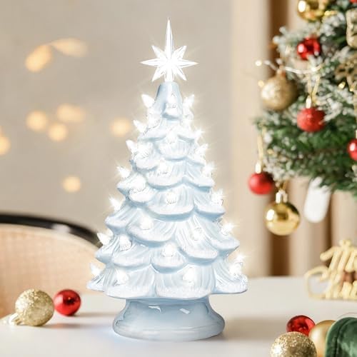 Sunlit Cordless Lighted Ceramic Christmas Tree Vintage Tabletop Christmas Decoration Pre-Lit Colorful Mini Light Bulbs 13" Traditional AA Battery Operated LED - White and Light Blue by Sunlit