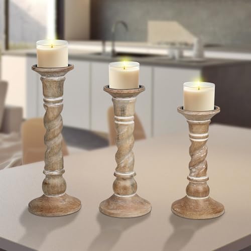 Set of 3 White Wash Farmhouse Wood Pillar Candle Holders - Handcrafted Rustic Tall Candle Holders for Home Decor, Centerpieces, Weddings, and Events - Heights: 14", 12", 10" by Lightnpro