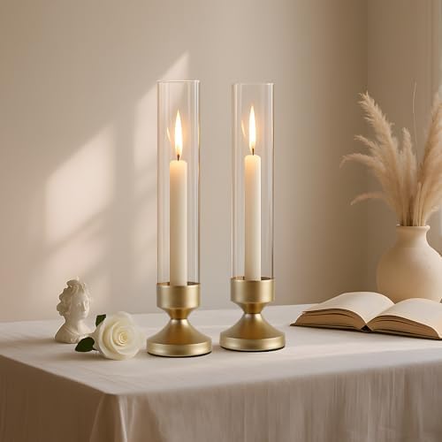 Hurricane Glass Candle Holders, Set of 10 Metal Taper Candlesrick Holders for Centerpieces Tall Gold Candle Stands Bulk with Glass Cylinder for Wedding Birthday Party Table Decor - Image 6