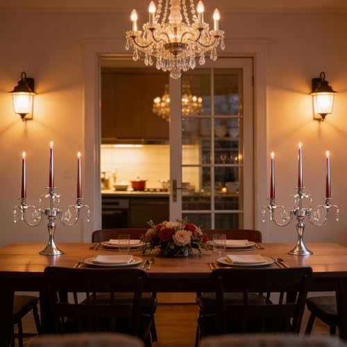 Metal 3 Arm Candelabra with Crystal Pendants - 11.8 Inch Tall Candle Holders, Set of 2 - Elegant Taper Candlestick Stand for Wedding, Dining Table, Christmas Party Home Decoration (2, Silver) - Image 5
