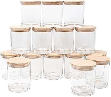 SHOWIN 10 OZ Thick Candle Jars for Making Candles 15 Pcs, Empty Jars with Wood Lids for Candle Making, Sample Container, Clear by Showin