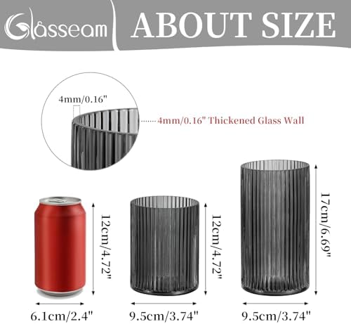 Glasseam Hurricane Glass Candle Holders: 2 Pcs Ribbed Cylinder Grey Vases - Image 6