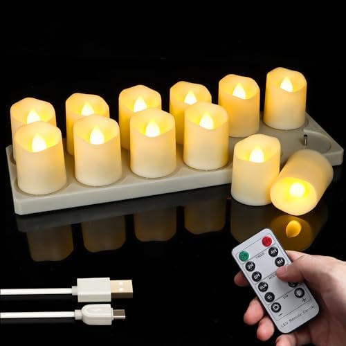 12 Pack USB Rechargeable Tea Lights Candles with Remote and Timer by Sanmli